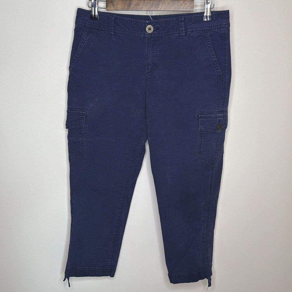 Eddie Bauer Women’s Petite 4 Blue Solid Cargo Pants Flat Front Pockets Button